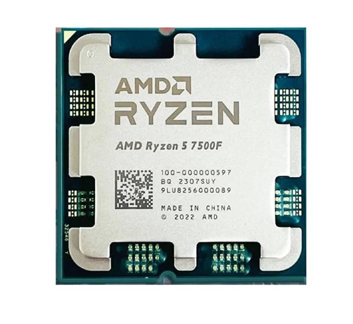 Official retail box of the AMD Ryzen 5 7500F AM5 desktop gaming processor highlighting the boxed CPU chip