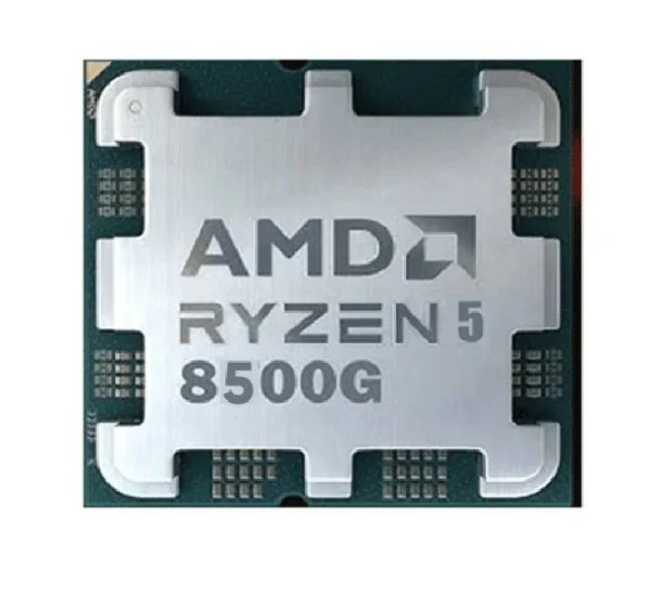 Official retail box of the AMD Ryzen 5 8500G AM5 desktop processor with clear viewing panel highlighting the CPU chip