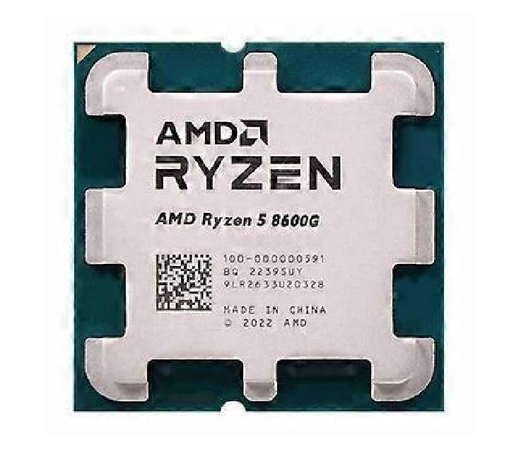 Official retail box of the AMD Ryzen 5 8600G desktop processor showing the CPU through the side window panel