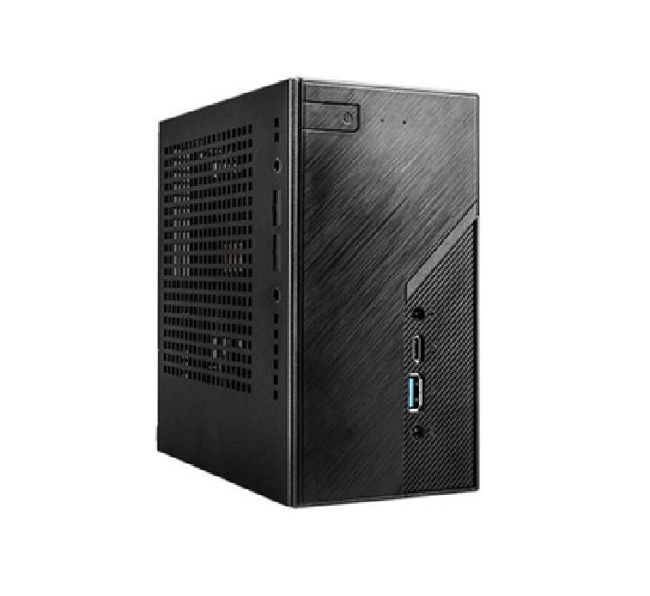 ASRock DeskMini X300 mini PC barebone chassis in matte black finish, standing vertically with a 1.92-liter ultra-small form factor.
