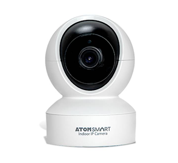 Atomsmart YC-IPC06 3MP Smart WiFi Indoor Camera in Arctic White showing 360 degree pan tilt lens design.