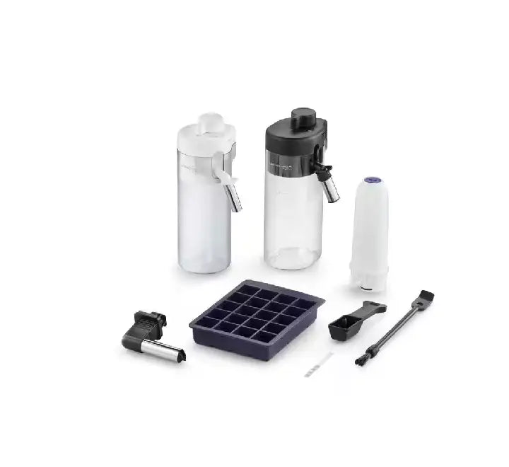 Adjustable liftable drip tray layout on the De'Longhi Eletta Explore silver coffee maker fitting a tall travel mug.