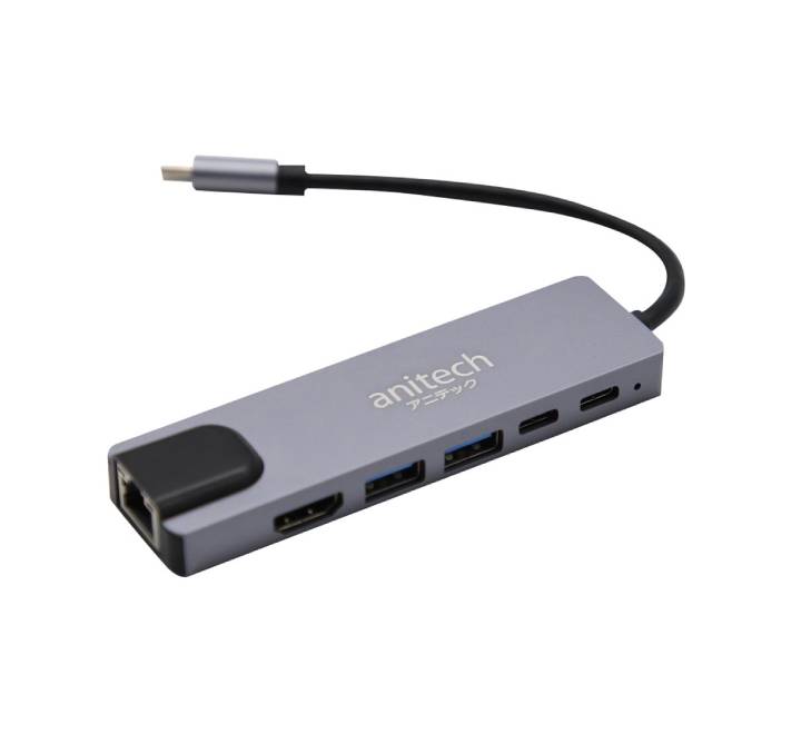 Anitech USB-C to USB-A 3.0, USB-A 2.0, HDMI, Micro/SD Card, PD (RA502) Gray