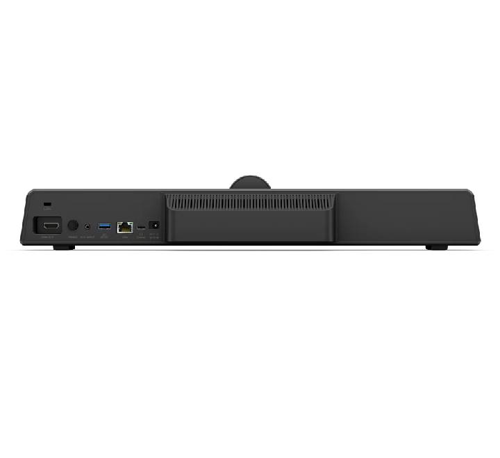 BenQ VC01A mounted on a display showing AI auto-framing and 120-degree wide-angle view in a huddle room.
