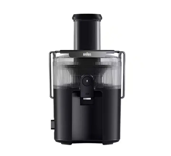 Braun MultiJuice 5 Spin Juicer SJ5000BK in matte black, showing the main motor base, pulp container, and wide fruit feeding tube.