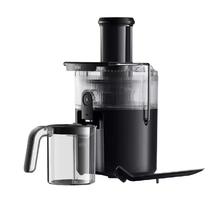 Close-up view of the stainless steel anti-drip juice spout on the Braun MultiJuice 5, showing the simple push-button activation to stop drips.
