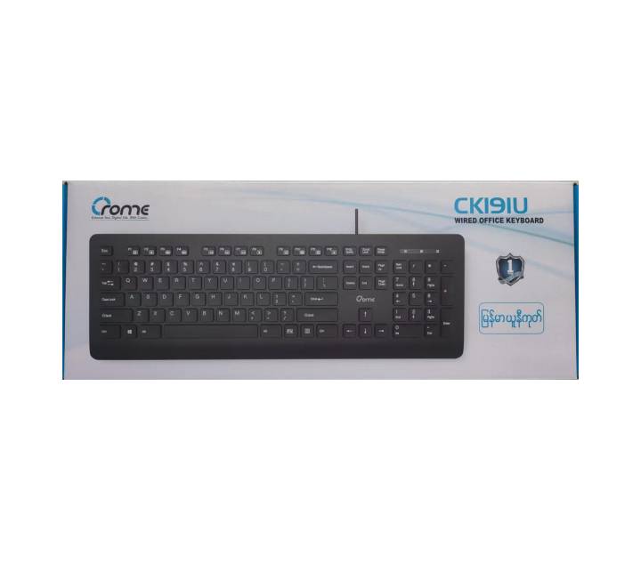 Ergonomic tilt angle and profile of Crome CK191U wired USB office keyboard.