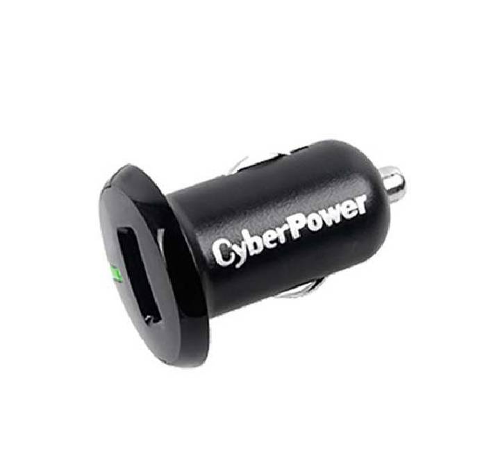 CyberPower mobile dual car charger adapter featuring two USB ports and an integrated 12V DC power socket