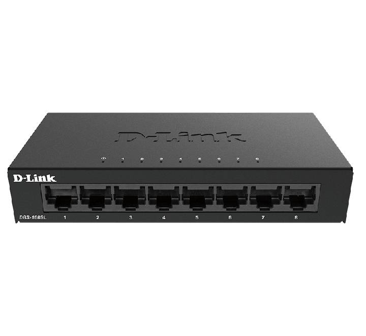 D-Link DGS-108GL 8-Port Gigabit unmanaged desktop switch front view highlighting the 8 LAN ports and compact black metal casing layout.
