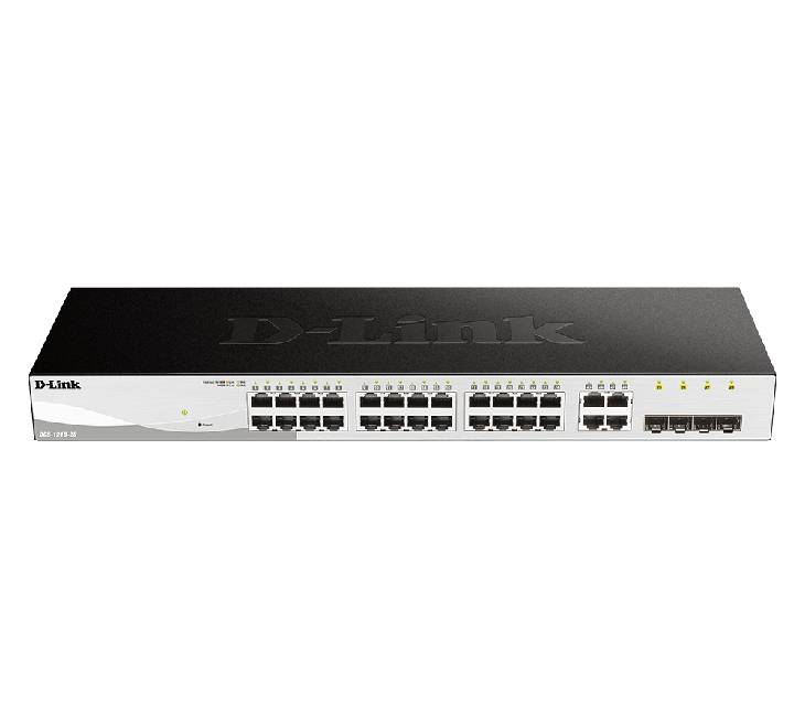 D-Link DGS-1210-28 28-port Gigabit smart managed switch in an industrial matte dark gray metal rackmount chassis highlighting green LED port activity indicators.