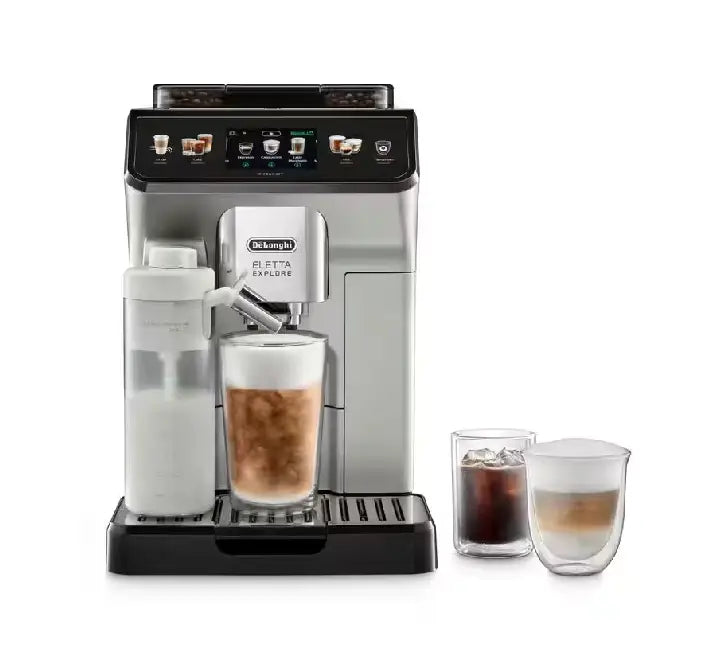 De'Longhi Eletta Explore ECAM 450.65.S fully automatic bean to cup coffee machine in silver featuring the touch screen and milk carafe.