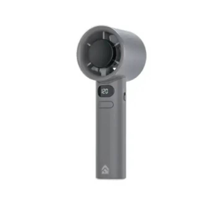 Industrial urban grey variant of Fantech PAC2 pocket handheld fan showcasing the ergonomic back air intake duct.