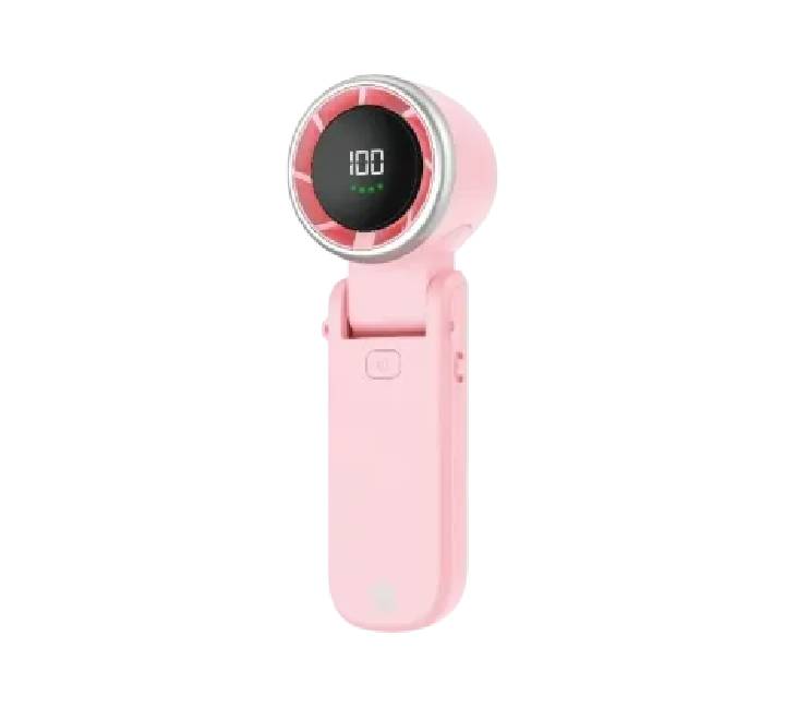 Fantech PAC3 flagship portable handheld cooler fan in soft blossom pink showing the illuminated LCD speed display dashboard.