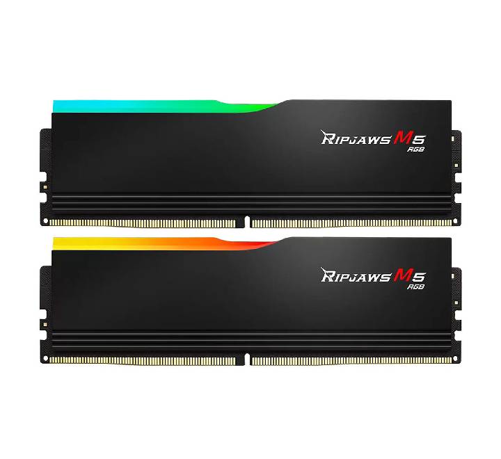 G.Skill Ripjaws M5 RGB 32GB DDR5 6400MHz dual channel desktop memory kit showing matte black aluminum heat spreaders and active lighting