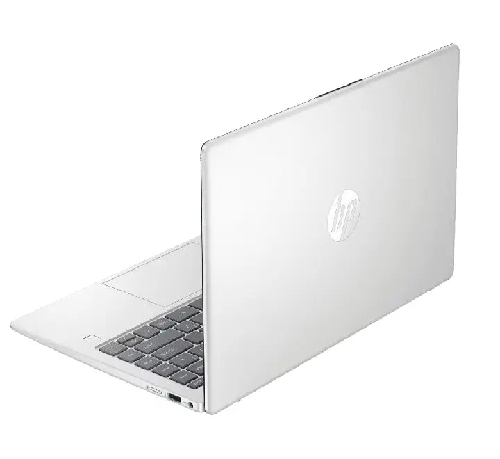 The HP 14-ep1186TU laptop on a desk, showcasing the Intel Core Ultra 5 AI-powered performance and Intel Arc Graphics for creative work.