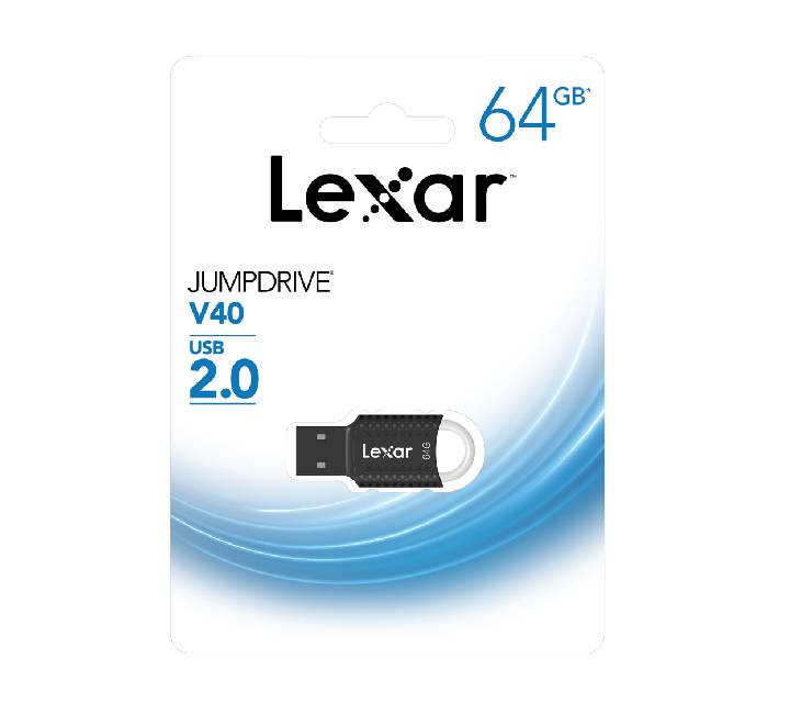 Close up of Lexar JumpDrive V40 64GB showing the built-in convenient keychain hole loop
