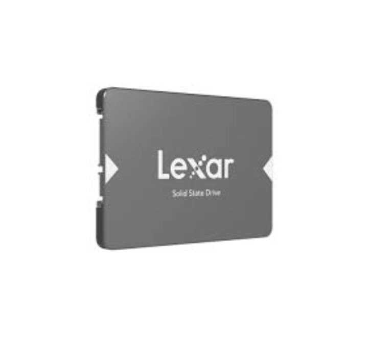 Close-up view of the golden pins and SATA III 6Gbps connection interface ports on the bottom edge of a Lexar NS100 SSD.