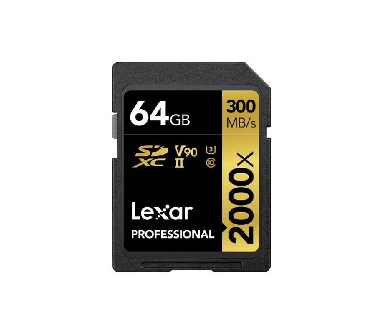 Lexar Professional 2000x 64GB SDXC UHS-II Gold Series memory card showing speed ratings and V90 logo