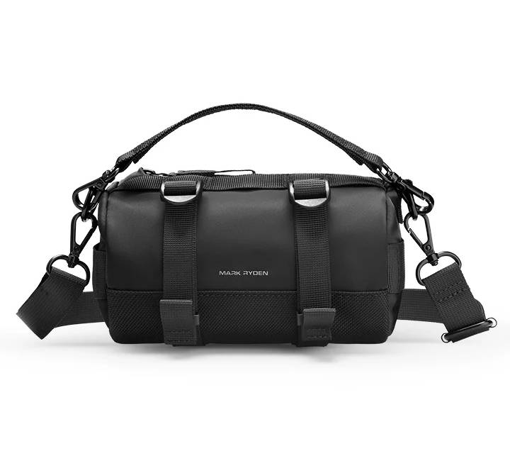 Mark Ryden MR228 MotoBarrel cylinder crossbody bag in stealth black, showcasing its compact barrel silhouette and water-repellent texture.