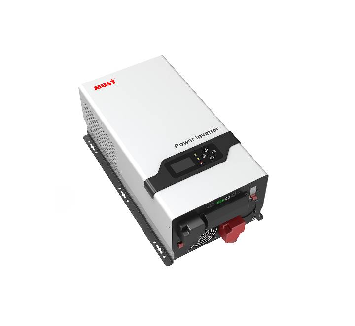 Detail view of Must EP30-6048 Plus Inverter back panel showing BMS CAN port and heavy-duty AC terminals.