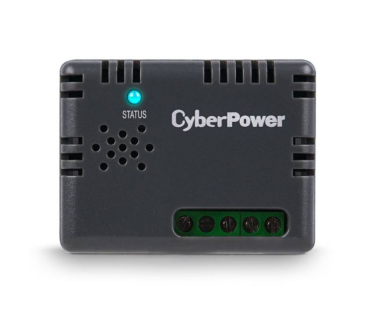 Close-up view of the 4 dry contact input closure slots on the CyberPower EnviroSensor for security and smoke alarm integration.