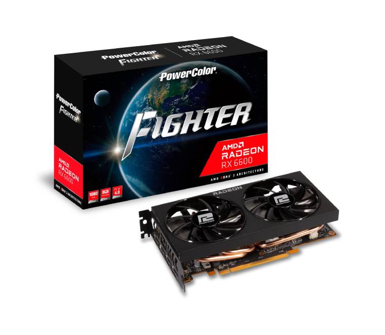Rear display port layout of PowerColor Fighter Radeon RX 6600 featuring 1x HDMI 2.1 and 3x DisplayPort 1.4 ports.