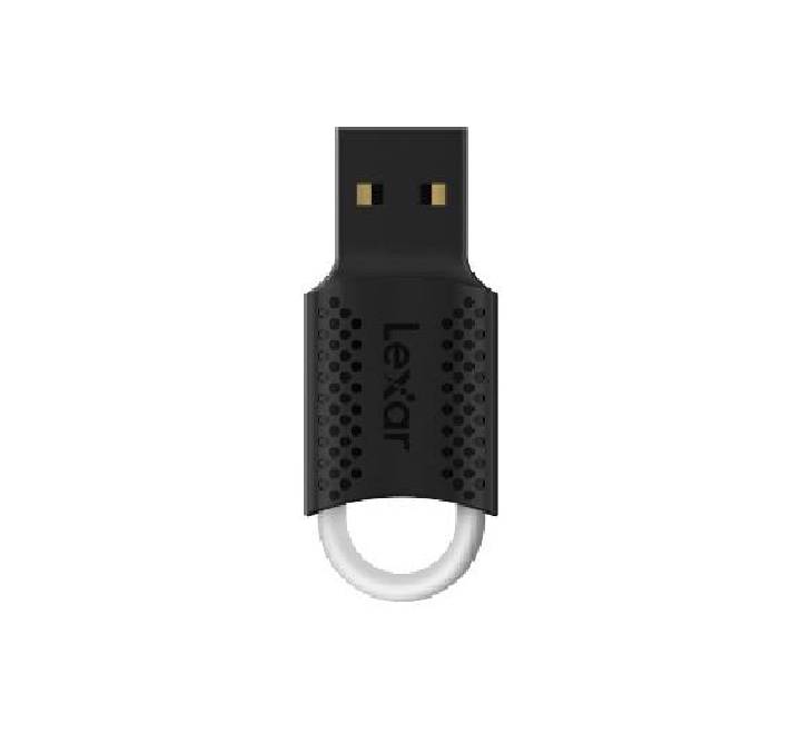 Lexar JumpDrive V40 32GB USB 2.0 Flash Drive showing sleek black casing and standard Type-A port design.