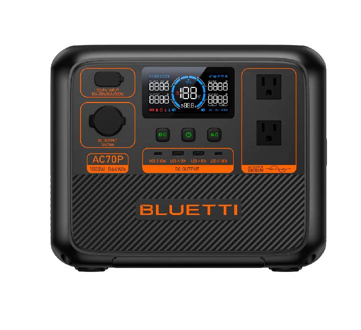 BLUETTI AC70P 1000W Portable Power Station in Stealth Black finish, showcasing the 864Wh capacity and front LED display for Myanmar home backup.