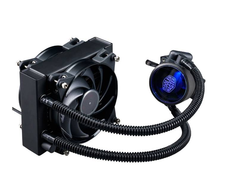 Close-up view of the vertical dual chamber pump block module on the Cooler Master MasterLiquid Pro 120 liquid cooler showing clear top branding.