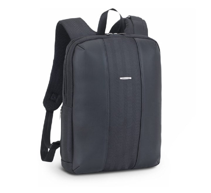 Rivacase 8125 Narita 14 inch laptop backpack in black herringbone fabric with faux leather inserts.