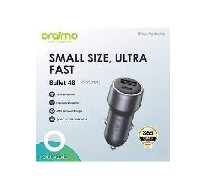 Close up of Oraimo OCC-73D dual fast charging ports showing 30W Power Delivery Type-C and 18W Quick Charge 3.0 interfaces
