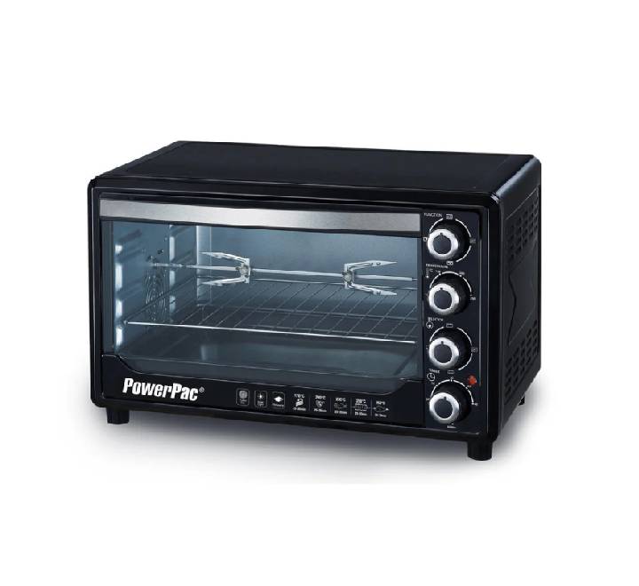 PowerPac PPT30 30L Electric Oven with Rotisserie and Convection functions in a Classic Matte Black finish, perfect for home baking. Verified delivery in Yangon and Mandalay.