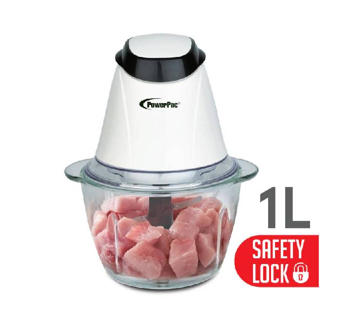 PowerPac PPCP813 Electric Food Chopper 1 Liter in White color with transparent lid and safety lock switch mechanism, ideal for modern minimalist kitchens.