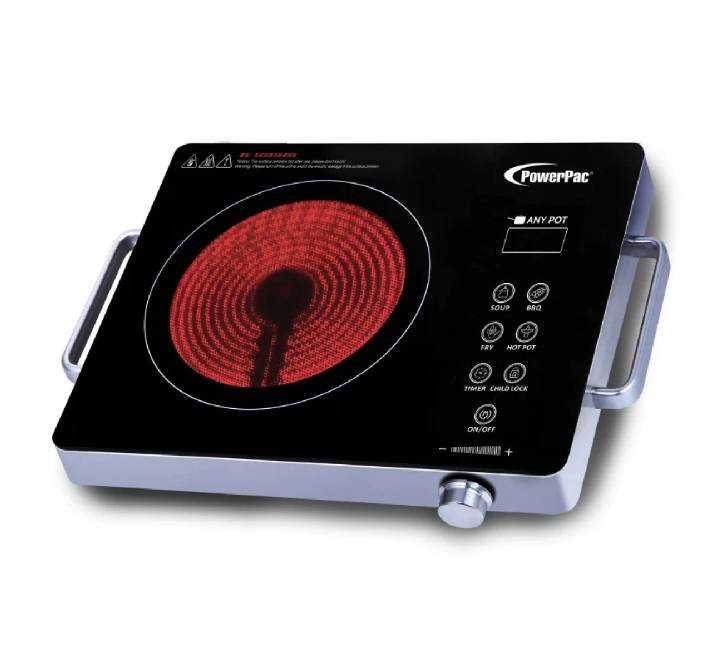 PowerPac PPIC831 2000W electric ceramic cooker in glossy obsidian black featuring a circular red infrared zone, side handles, and a front sensor touch menu.