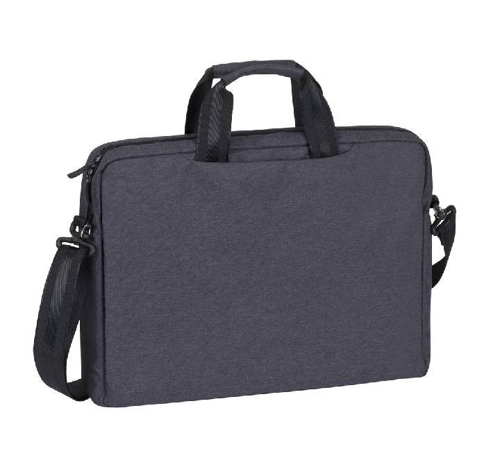 Open internal view of Rivacase 7730 black business bag showing separate padded chambers for a 15.6 inch laptop and a 10.1 inch tablet.