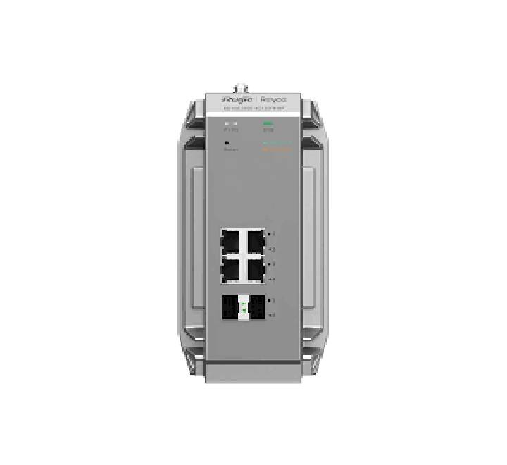 Top view of Ruijie RG-NIS3100-4GT2SFP-HP switch displaying redundant DC power input terminal block and rugged IP40 casing