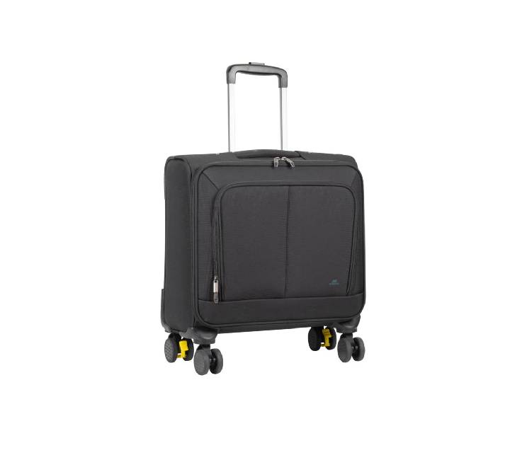 Sturdy aluminum trolley handle and 4-wheel braking system of the Rivacase 8481 ECO travel bag.