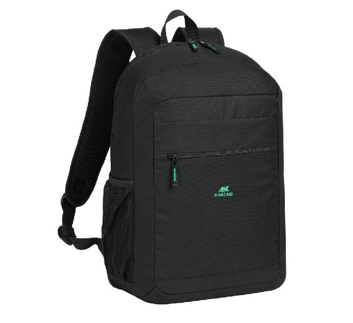 Rivacase 5566 Gremio Eco 15.6 to 16 inch laptop backpack in black, displaying its sleek 18L water-resistant recycled exterior design.