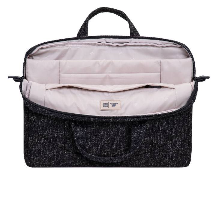 Close-up of the hidden anti-theft back pocket on the Rivacase 7931 laptop bag for secure storage.