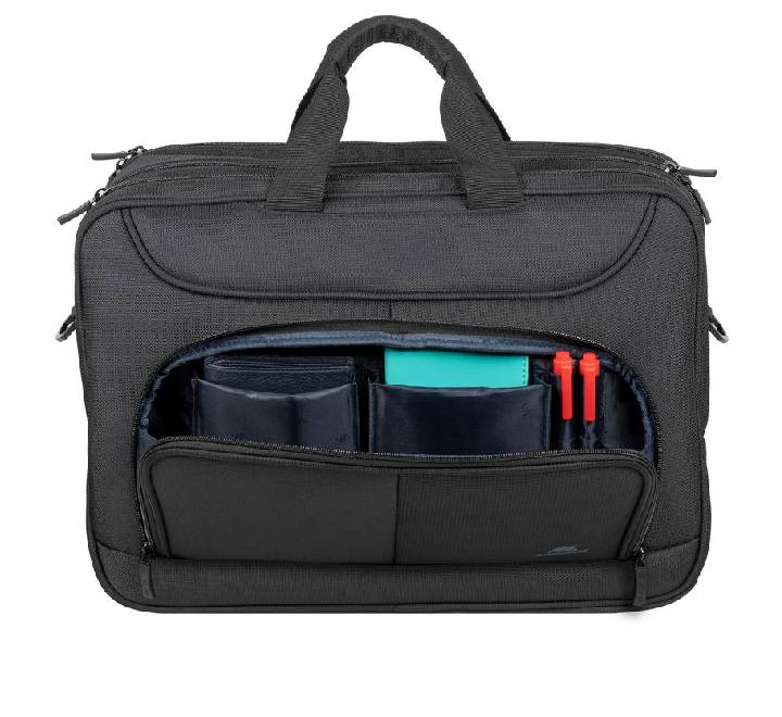 Close-up of Rivacase 8432 hidden zippered pocket on trolley strap for passport and wallet security.