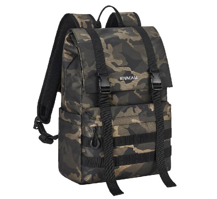 Rivacase 7621 Sherwood ECO 15L rolltop laptop backpack in Brown Camo, front profile view showing tactical MOLLE webbing and water-resistant PU fabric.