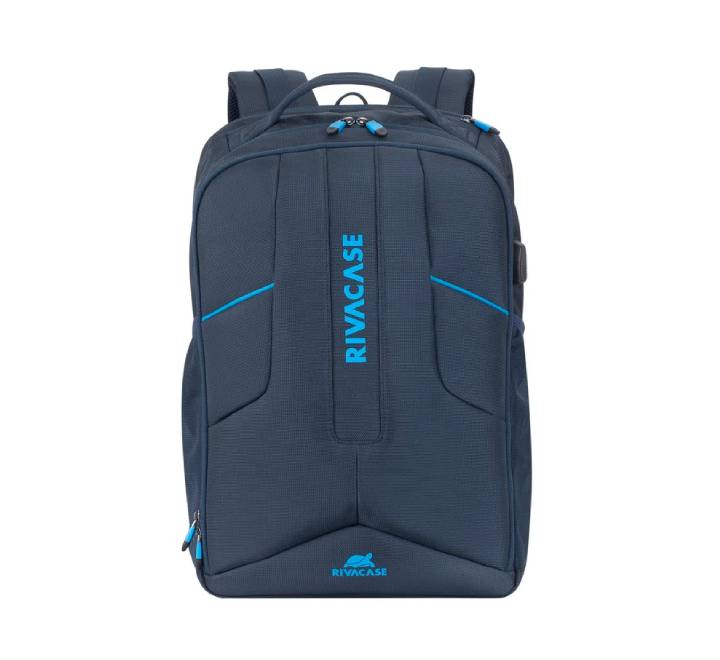 Rivacase 7861 Borneo dark blue 17.3 inch ECO gaming backpack with futuristic front panel.