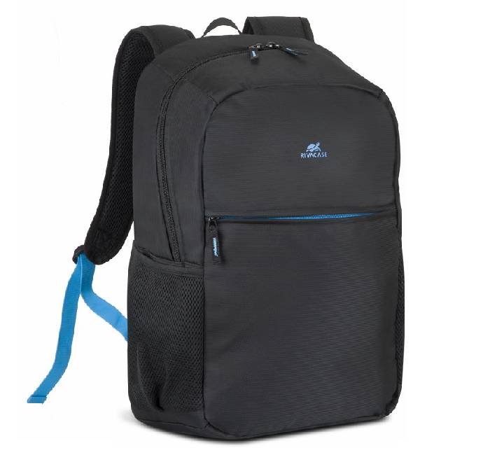 Front view of the Rivacase 8069 Regent 17.3-inch laptop backpack in black with stylish light-blue stitching.