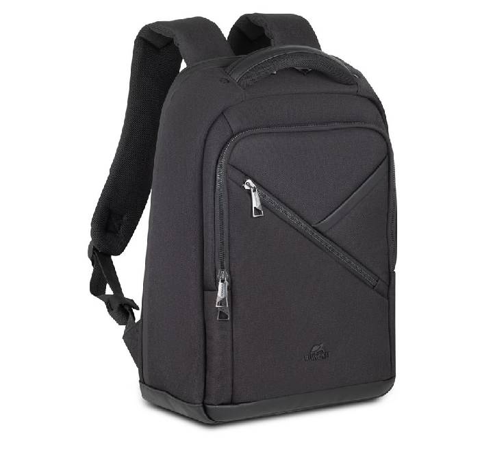 Rivacase 8126 Clark ECO 17L laptop backpack in Black, clean front profile view highlighting the unique diagonal zipper accent and sustainable water-repellent fabric.