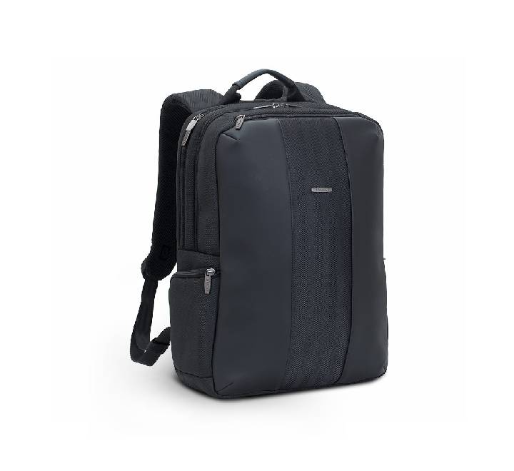 Rear view of Rivacase 8165 backpack showing hidden anti-theft pocket and ventilated back panel.