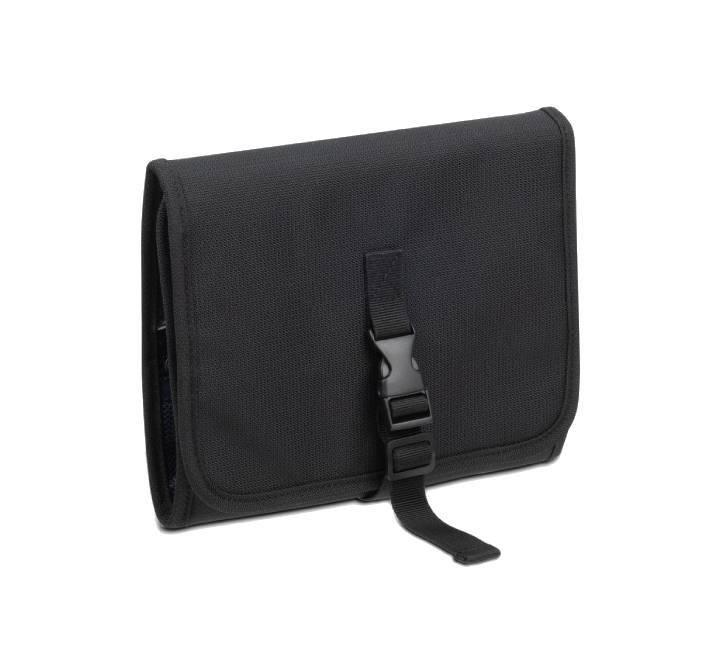 Rivacase 8408 black ECO compact travel toiletry case in a closed, folded position for easy packing.