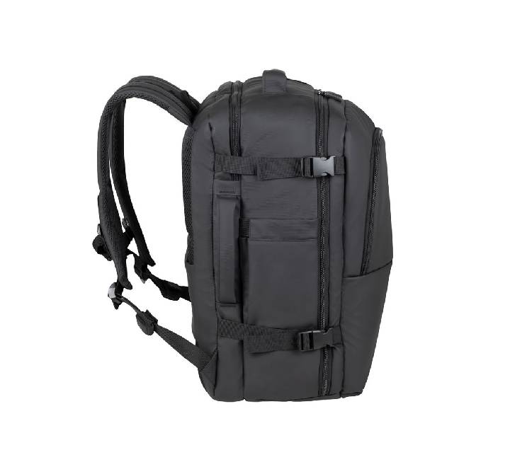 Close-up of the water-resistant laminated coating on the Rivacase 8465 travel backpack for monsoon protection.