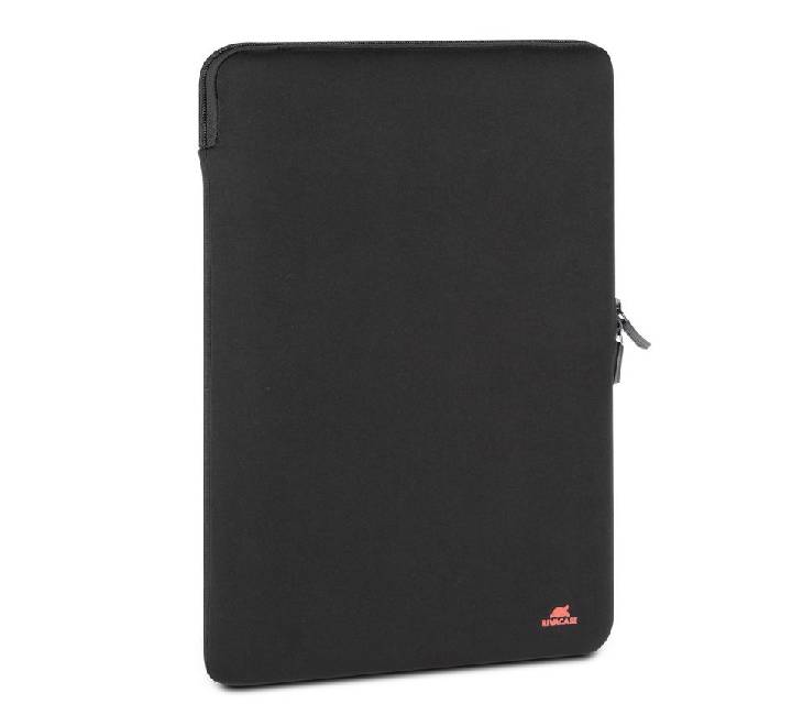 Internal view of Rivacase 5226 vertical sleeve showing the 5mm memory foam padding and anti-slip elastic mesh system for laptop protection.