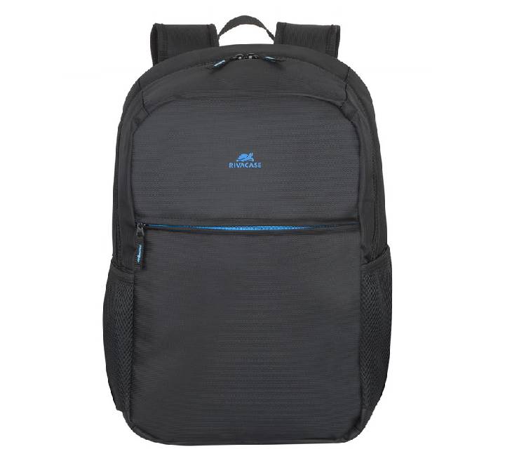 Interior laptop pocket with secure strap inside the Rivacase 8069 full-size backpack, fitting laptops up to 17.3 inches.