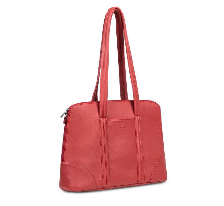 Open view of Rivacase 8992 red tote bag showing the thick padded laptop compartment, 10.5 inch tablet sleeve, and bright red interior contrast lining.